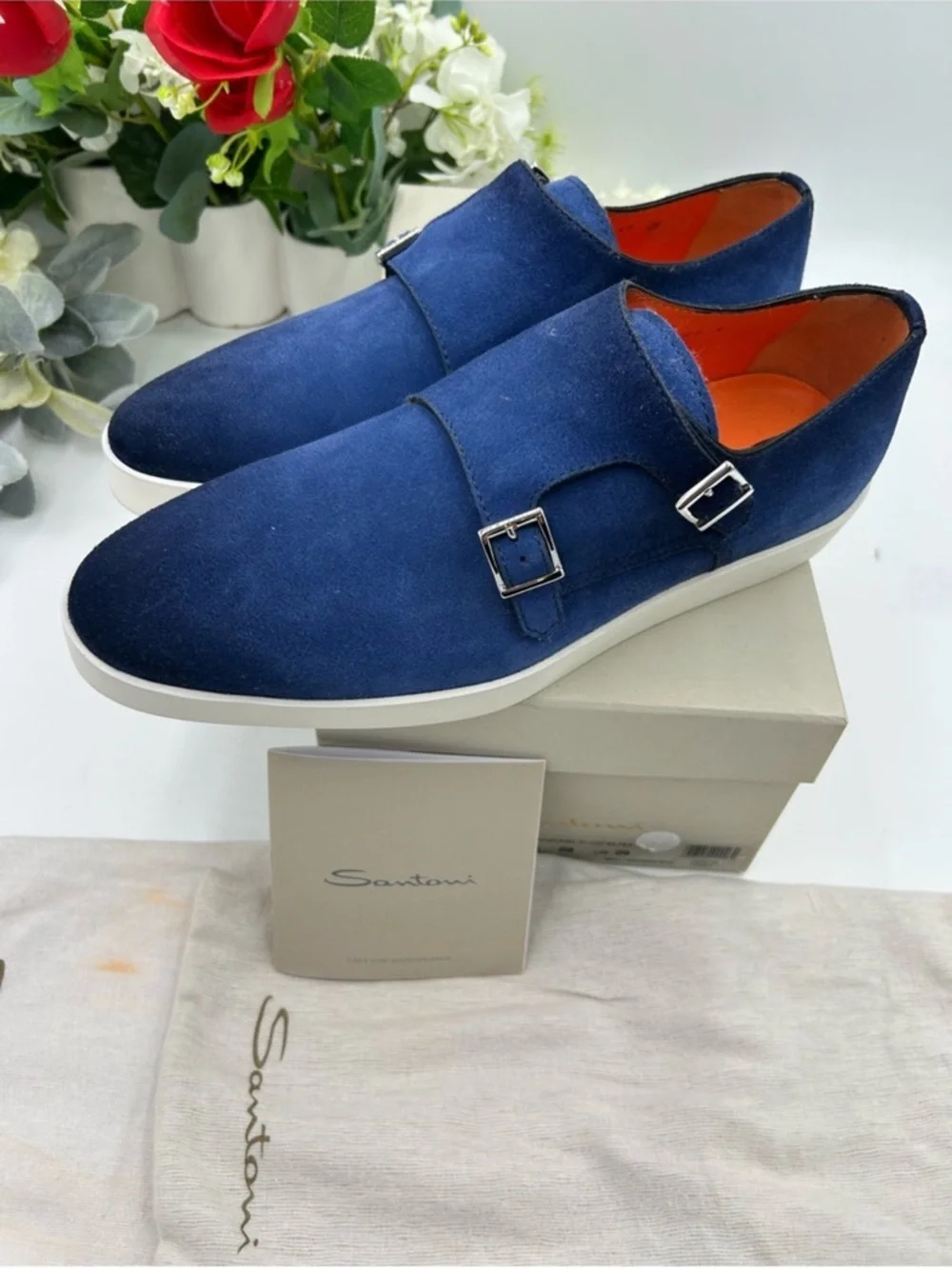 Men’s SANTONI blue suede Atlantis double monk strap shoes size 9 US made Italy